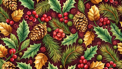 Obraz premium Christmas botanical pattern with berries and pine cones. Wrapping paper, gift paper, wrapping paper design