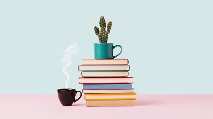 Stack of Themed Books with Steaming Mug and Cactus