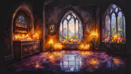 Fototapeta premium Gothic Medieval Castle Interior with Candlelit Ambiance and Ornate Architecture