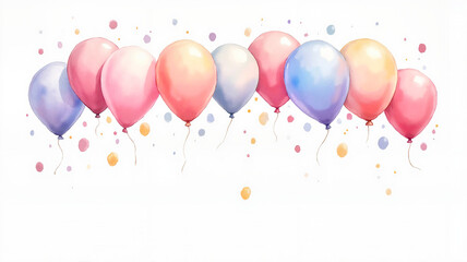 Delicate Watercolor Pastel Balloons Arrangement Against White Background [with copy space]

