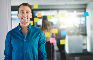 Fototapeta premium Man, business people and portrait in presentation with sticky notes, collaboration or creativity. Team, meeting and male person in digital agency, company or office for ideas, brainstorming or vision