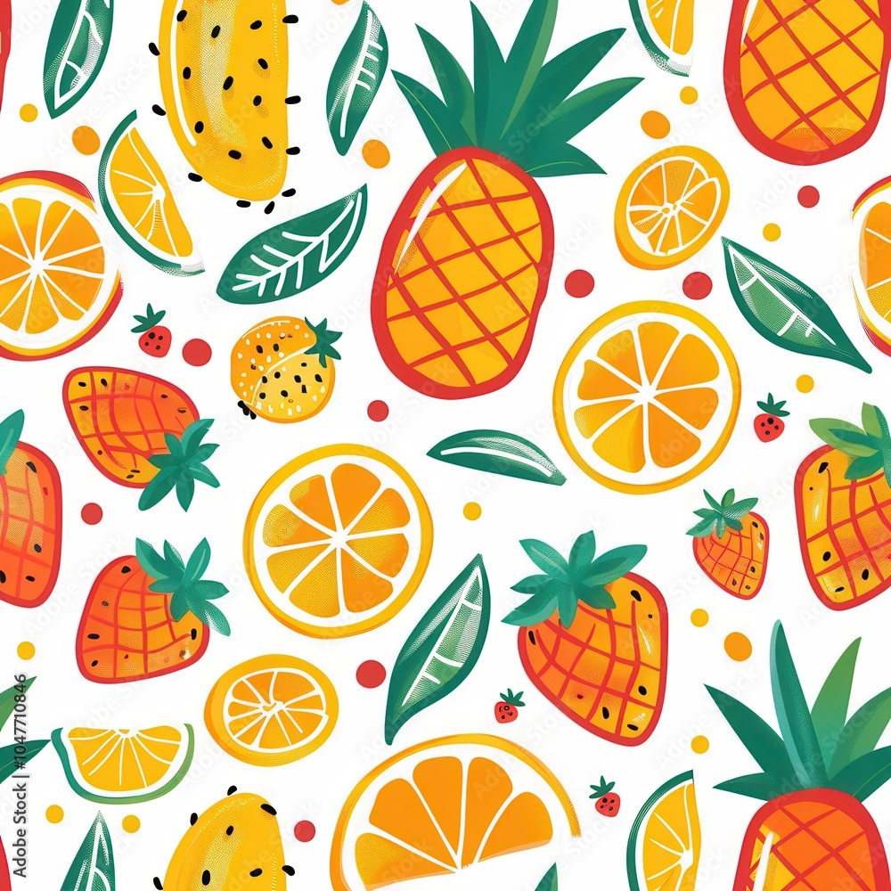 Poster a vibrant design showcases an array of fruits including pineapples, strawberries, and citrus slices,