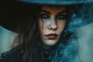 Enchanting Witch Portrait with Candlelight in Twilight. Walpurgis Night Bonfire