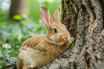 Fototapeta premium A brown rabbit sitting beside a tree
