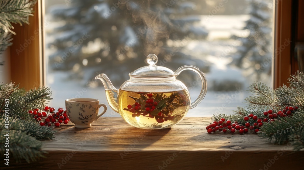Poster a glass teapot filled with herbal tea is placed on a rustic wooden surface, surrounded by berry bran