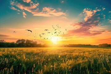 A peaceful scene with birds soaring above a lush green field