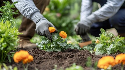 Fototapeta premium Gardeners Planting Colorful Flowers in Vibrant Garden