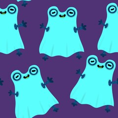 Halloween animals seamless frogs in ghost costume pattern for wrapping paper