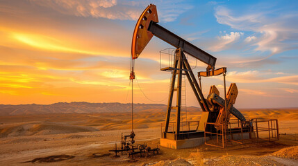 Desert Oil Extraction at Dusk, a massive crude oil pump rig stands tall against a vibrant sunset sky, symbolizing the relentless pursuit of energy in arid landscapes