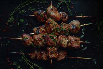 A close-up shot of skewered meat on a dark-colored plate, suitable for food or culinary-themed projects