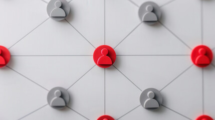 Red and gray user icons interconnected on a white background, symbolizing digital community and social connections in a modern networked environment
