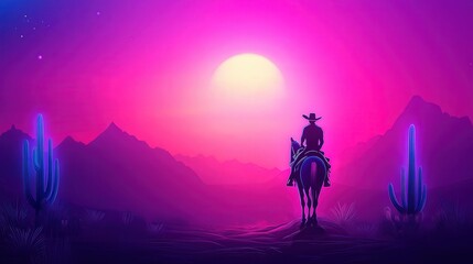 Fototapeta premium Neon Cowboy Silhouette, an illuminated outline of a cowboy riding a horse against a vibrant western landscape filled with cacti and rugged mountains in the distance