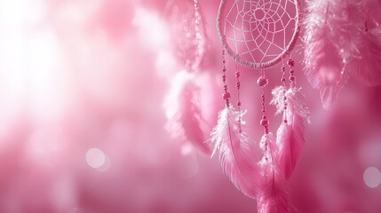 A pink dreamcatcher adorned with feathers, symbolizing protection and positive dreams.