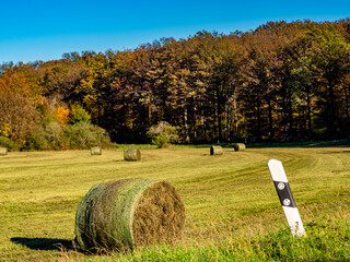 Strohrollen auf einem Feld im Herbst