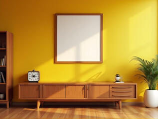 Mid-Century Modern Living Room Mockup Featuring Blank Canvas in Teak Frame on Mustard Yellow Wall