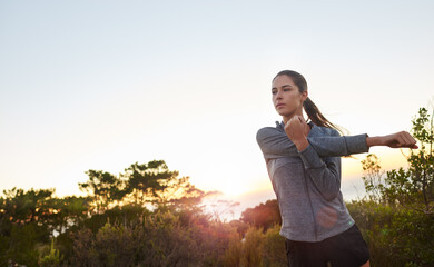 Hiking, stretching and thinking with runner woman outdoor in nature for start of exercise or...