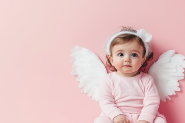 Adorable baby dressed as an angel with white wings sitting against a soft pink background for a Valentine's Day celebration