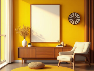 Mid-Century Modern Living Room Mockup Featuring Blank Canvas in Teak Frame on Mustard Yellow Wall