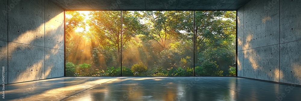 Poster A Concrete Room with a Large Window View of a Sunlit Forest