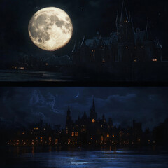 Fototapeta premium A majestic castle stands under a full moon, casting enchanting shadows and creating a cinematic atmosphere that captivates the night.