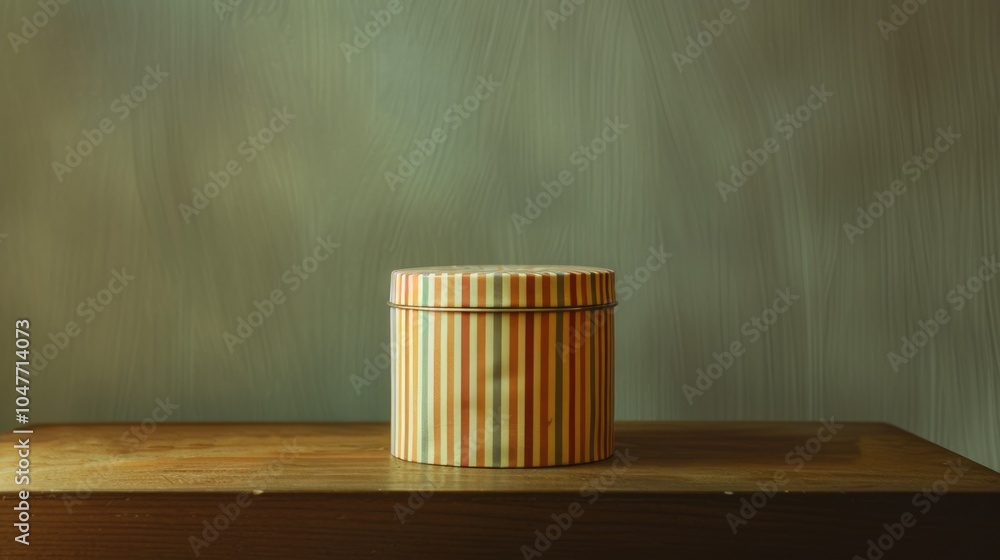 Poster a simple striped container placed on a wooden table, perfect for storing or displaying small items