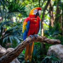 Obraz premium Colorful Macaw Parrot Perched on Branch in Nature