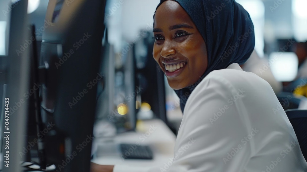 Poster a person sitting in front of a computer screen with a serious expression, suitable for business or e