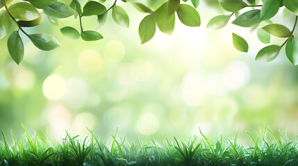 Lush green leaves and grass create a vibrant natural setting in soft morning light