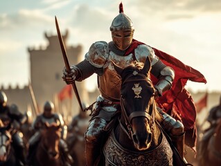 A heavily armored knight, draped in red, rides a horse into battle with a spear in hand, embodying courage, strength, and medieval history in a dramatic scene.