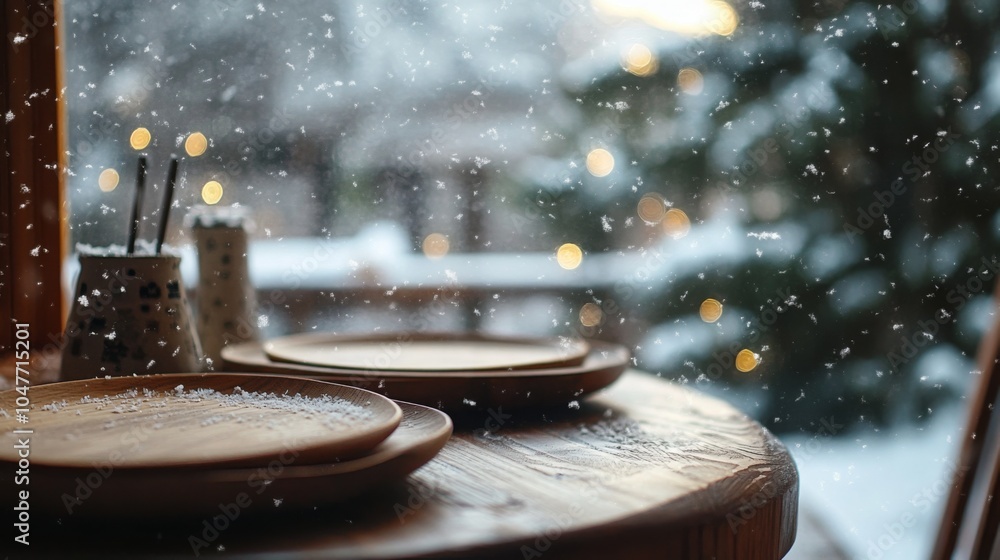 Aufkleber a charming dining setup features wooden plates on a rustic table, with snowflakes softly falling out