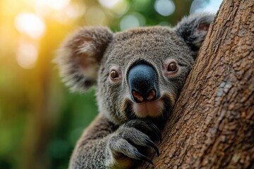 Fototapeta premium A close-up of a fuzzy koala clinging to a tree with inquisitive eyes in a vibrant, sunlit forest, showcasing the natural beauty and charm of Australian wilderness.