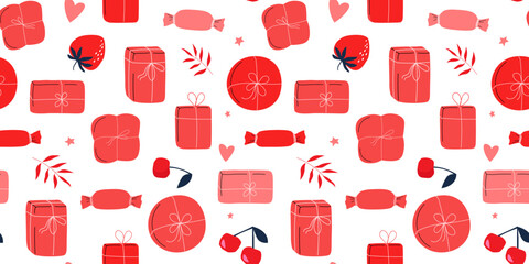 Seamless pattern with gift boxes, wrapped with ribbons, on a background of berries, stars, hearts. Vector graphics.