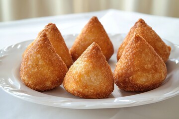 Coxinha pastry elegantly presented on a white plate.