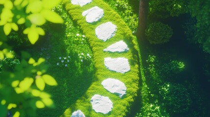 太陽の光が差し込む緑豊かな庭園の静かな石畳の道