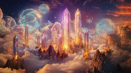 Obraz premium Floating City with Crystal Towers in Surreal Landscape