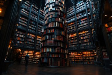 A stunning circular library with towering shelves filled to the brim with books, creating an enchanting atmosphere of knowledge and mystery, perfect for book enthusiasts.
