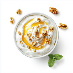 Top View of Greek Yogurt with Honey and Walnuts