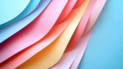 Colorful pastel paper waves in blue, pink, yellow, and purple tones. Abstract overlapping layers with copy space. Minimal background for banners, graphics, and presentations.