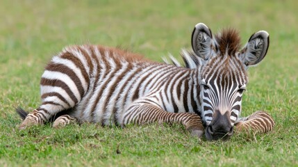 Naklejka premium A close-up of a young zebra resting on grass, with its unique stripes clearly visible.