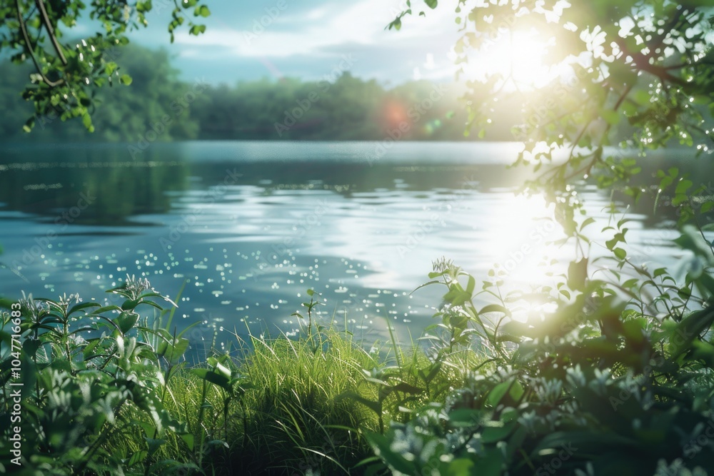 Poster a serene scene with sunlight filtering through tree branches and reflecting off calm water