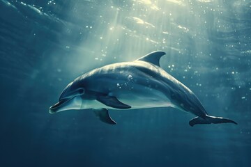 Fototapeta premium A dolphin swims in the ocean with sunlight shining through the water, a serene underwater scene