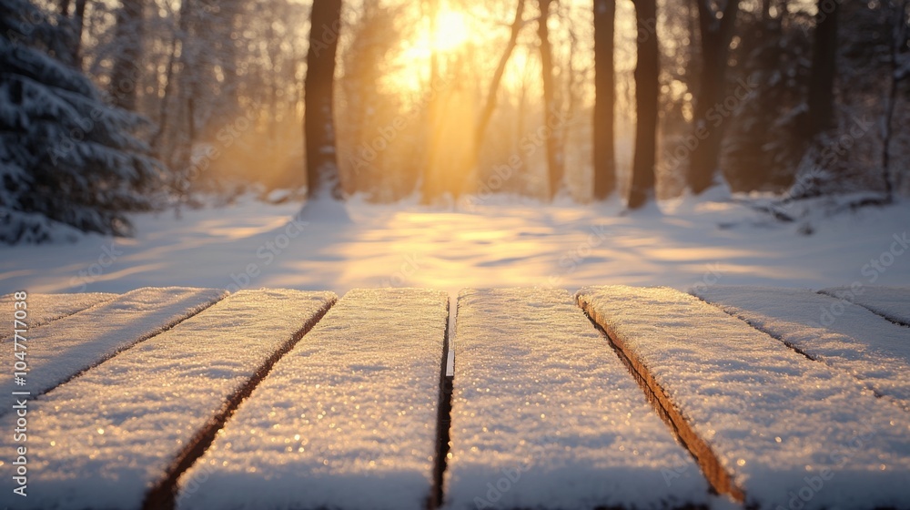 Poster Golden sunlight filters through trees in a tranquil winter forest, illuminating a snow-covered pathway and creating a warm glow on the snow, evoking a peaceful atmosphere in the chilly landscape.