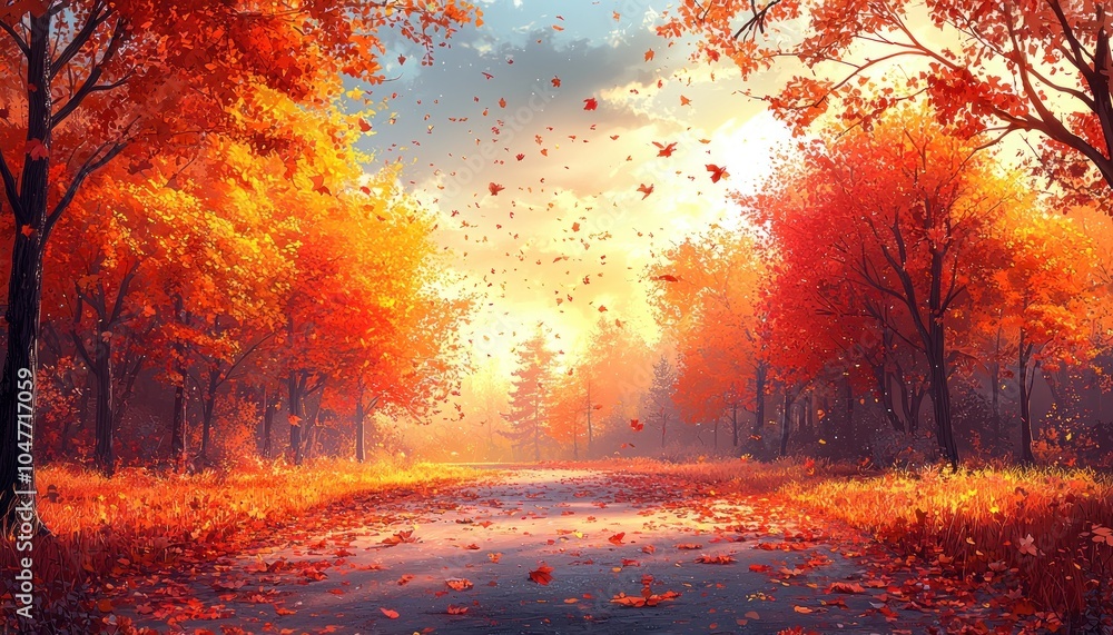 Poster a path through a forest of autumnal trees with falling leaves