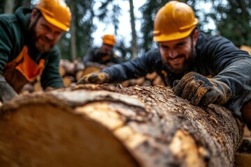 Three lumberjacks wearing helmets and gloves collaborate to move a large tree log in a forest setting, highlighting teamwork, strength, and manual labor.