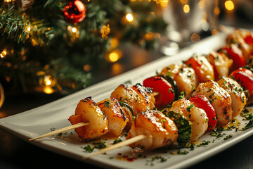 Delicious skewers of grilled shrimp and vegetables beside festive holiday decor