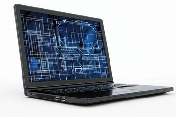 A laptop computer sits on a clean and minimalist white surface, ready for use