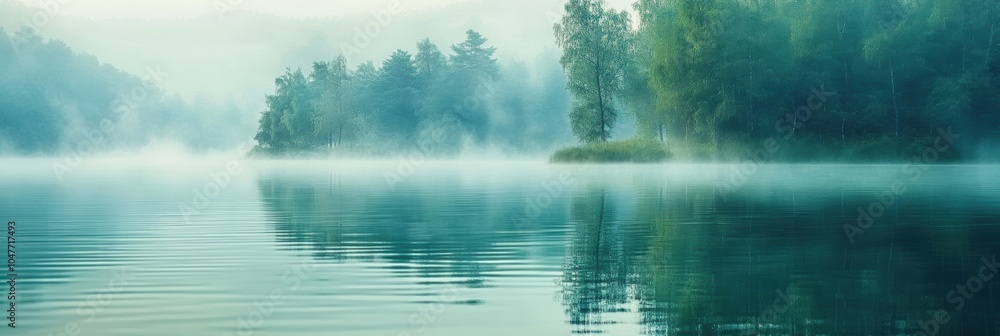 Poster misty morning light casts a calm ambiance over the lake, where trees create a serene backdrop reflec