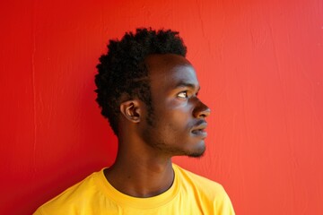 Obraz premium A person wearing a bright yellow shirt stands out against a bold red background, making for a striking visual