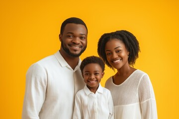 Obraz premium A joyful family portrait featuring smiling parents and their son in white shirts against a bright yellow background