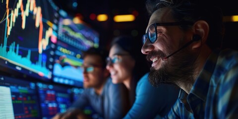 Fototapeta premium Traders analyzing financial charts and developing strategies in a digital fintech setting, focused on stocks, blockchain, and forex during nighttime